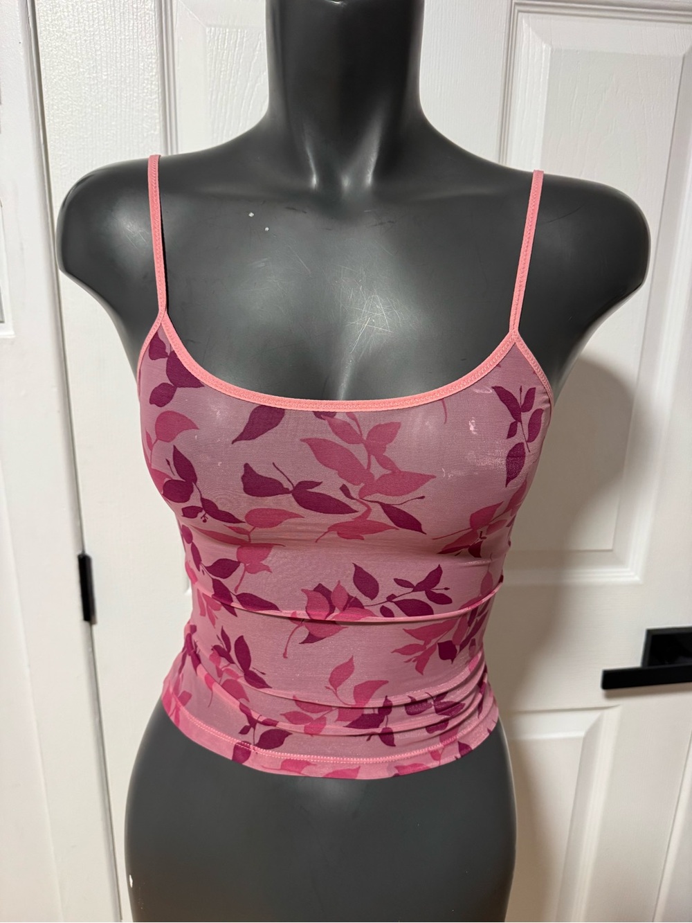 Pink Leaf Print Spaghetti Strap Cami